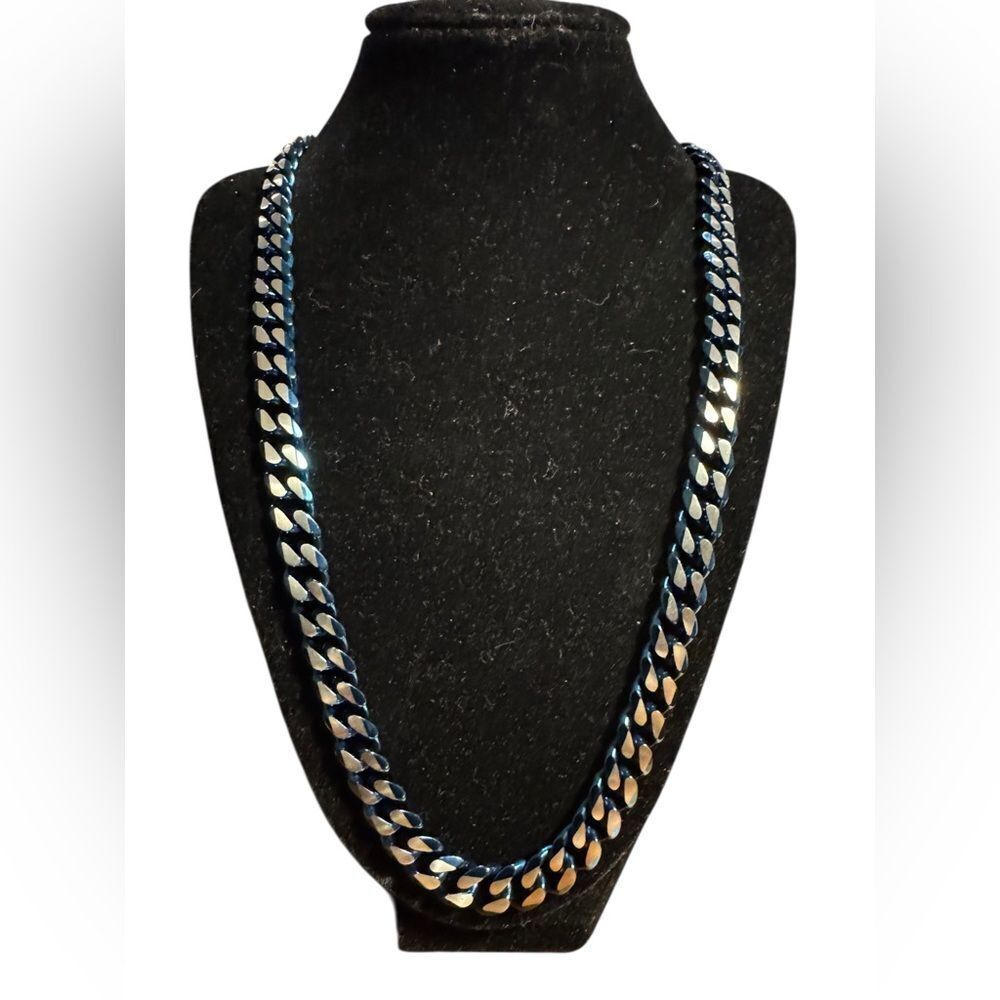 Men Stainless steel Blue and Silver Jewelry curb chain 24” necklace
